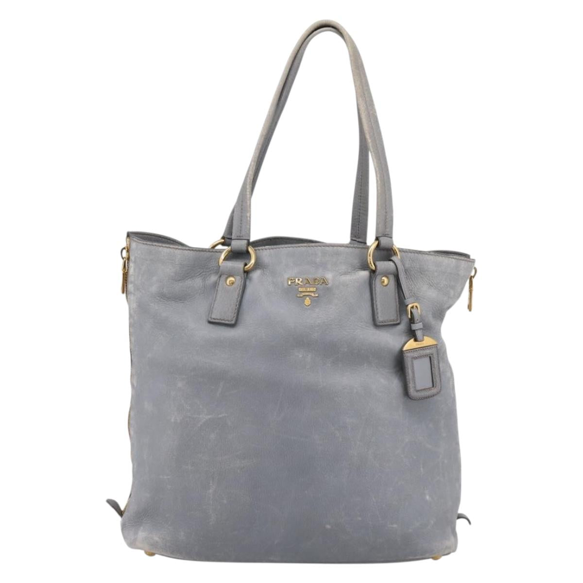 PRADA Tote Bag Leather Light Blue Gold Auth hk4228