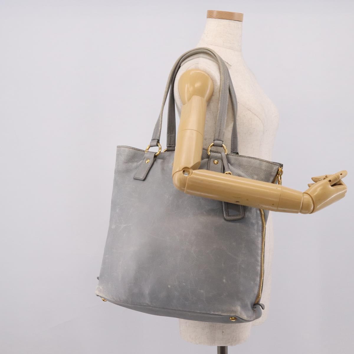 PRADA Tote Bag Leather Light Blue Gold Auth hk4228