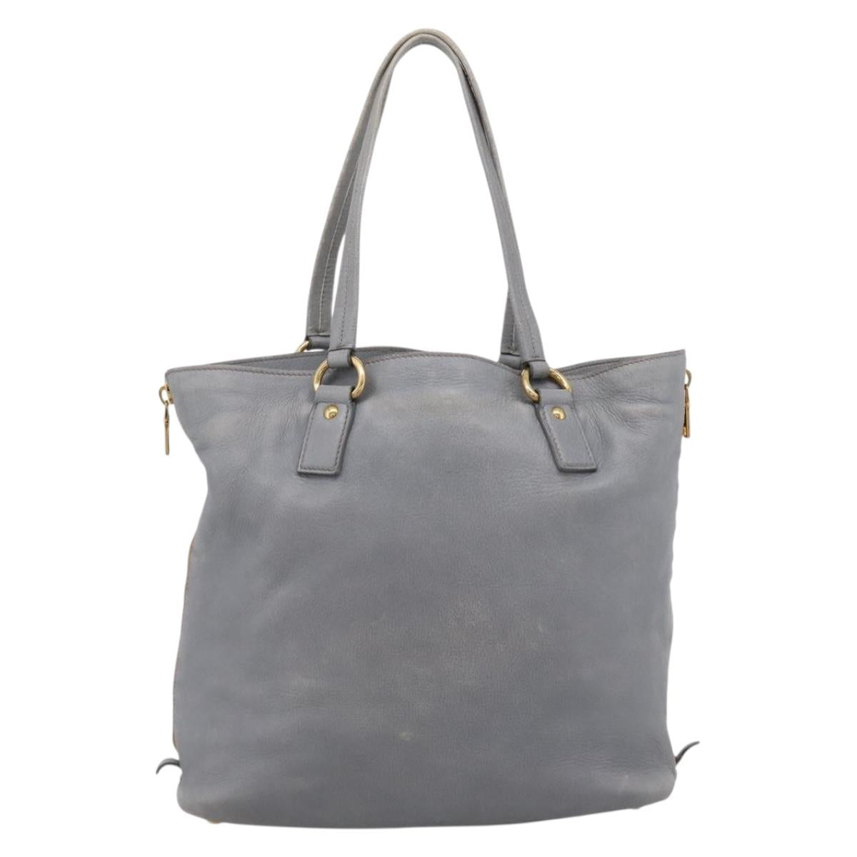 PRADA Tote Bag Leather Light Blue Gold Auth hk4228