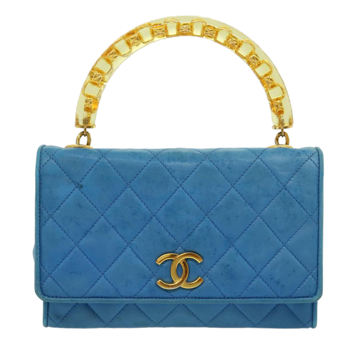 CHANEL Hand Bag Lamb Skin Blue CC Auth hk455SAV