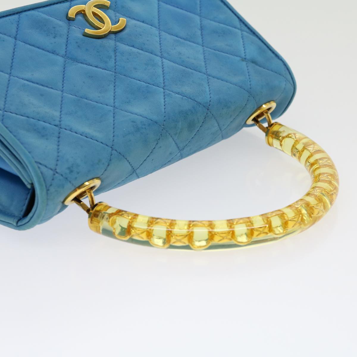 CHANEL Hand Bag Lamb Skin Blue CC Auth hk455SAV