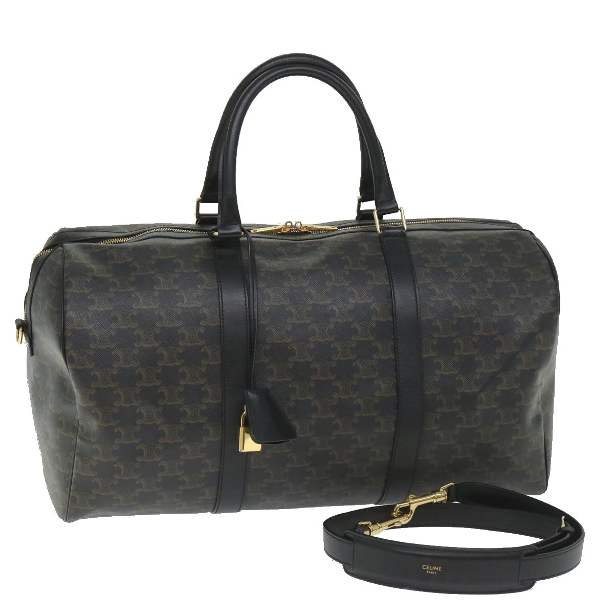 CELINE Triomphe Canvas Boston Bag PVC Leather 2way Black Auth hk880V