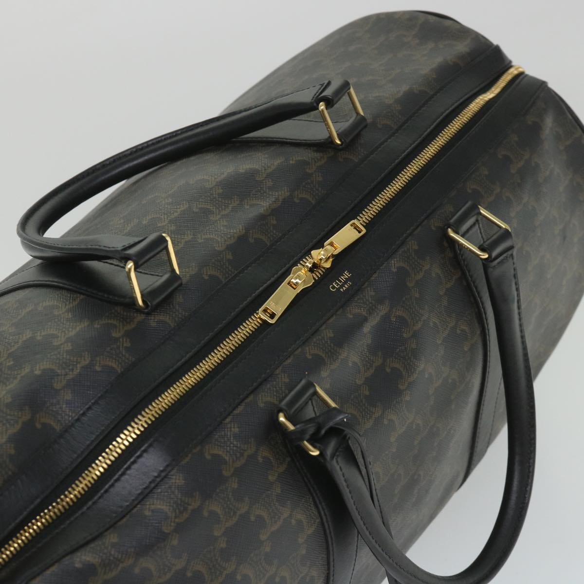 CELINE Triomphe Canvas Boston Bag PVC Leather 2way Black Auth hk880V