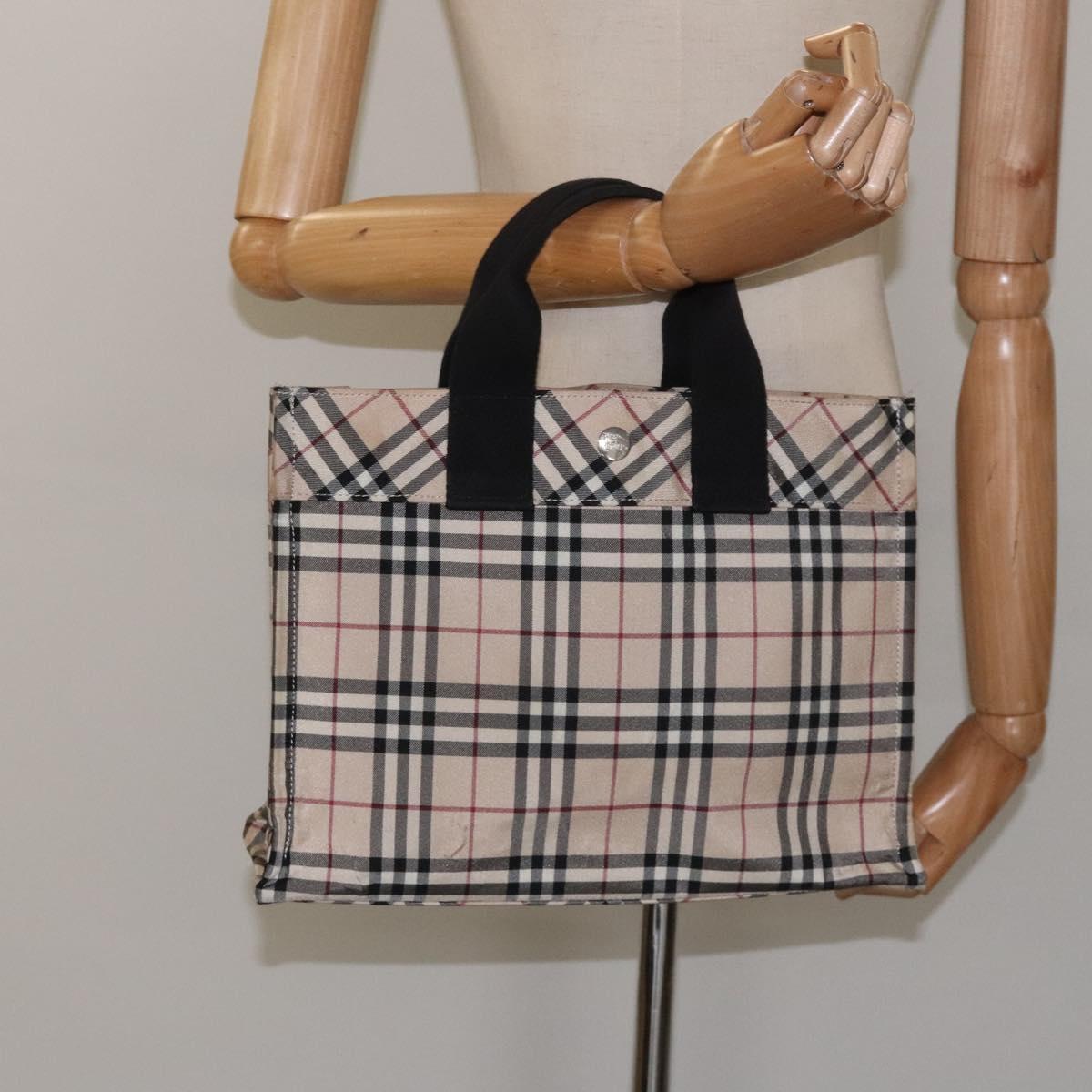 BURBERRY Nova Check Blue Label Hand Bag Nylon Silver Beige Auth hs1698