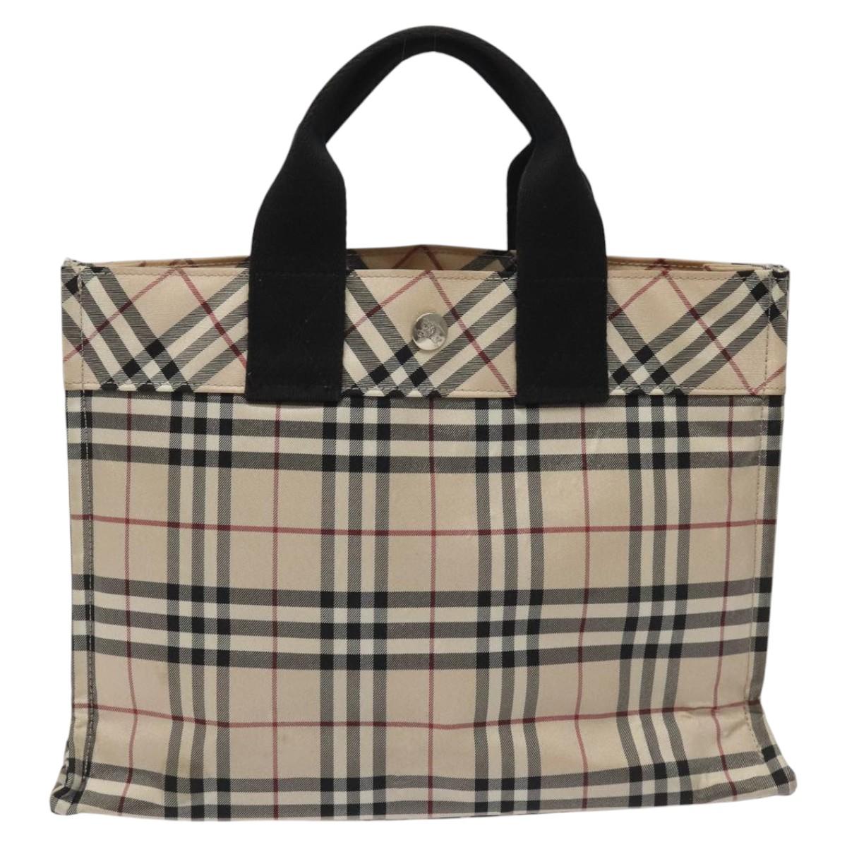 BURBERRY Nova Check Blue Label Hand Bag Nylon Silver Beige Auth hs1698