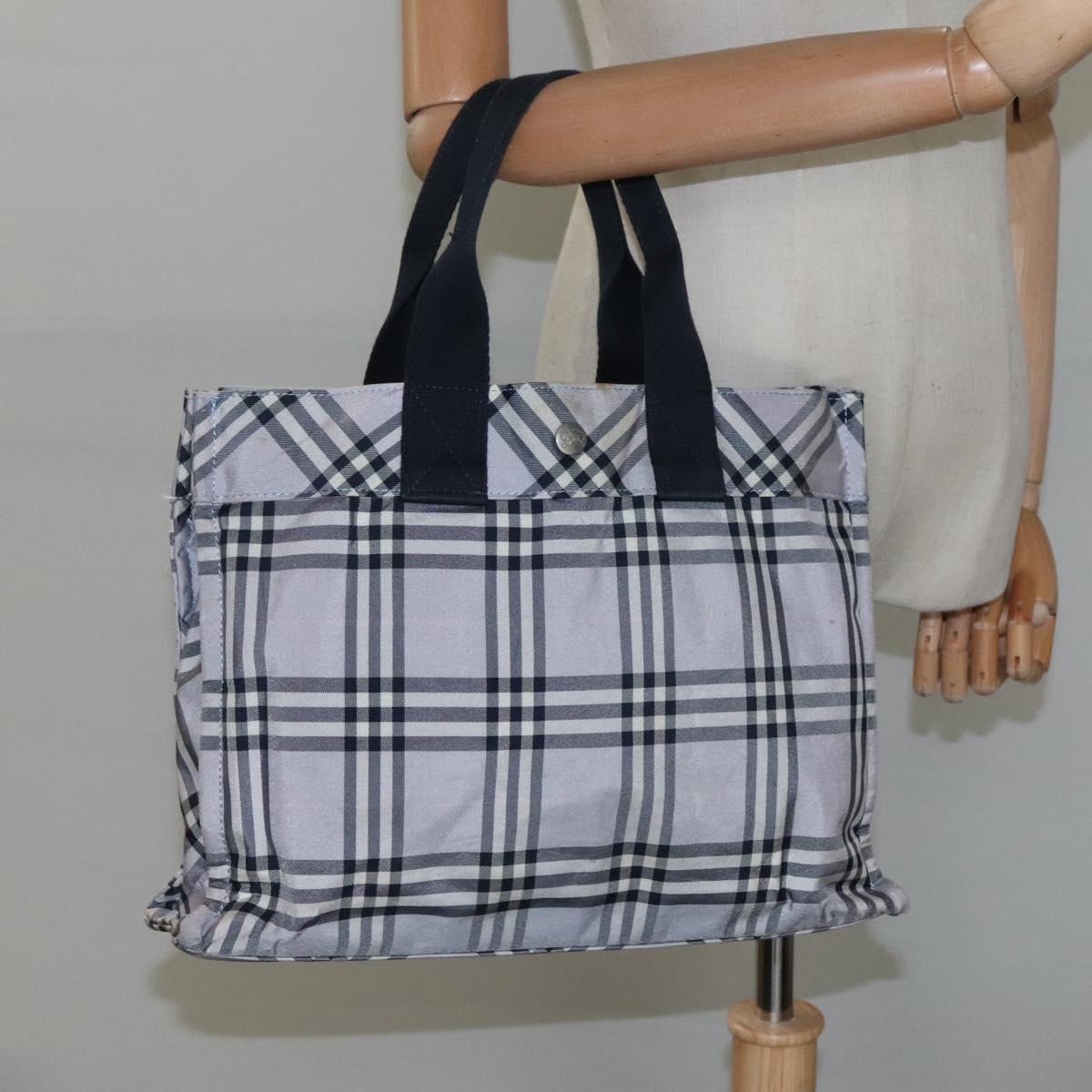 BURBERRY Nova Check Blue Label Hand Bag Nylon Purple Silver Auth hs1699