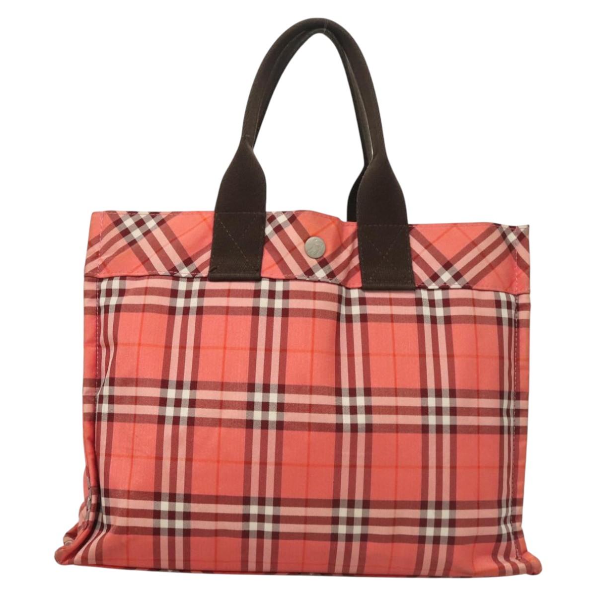 BURBERRY Nova Check Blue Label Hand Bag Nylon Pink Silver Auth hs1706