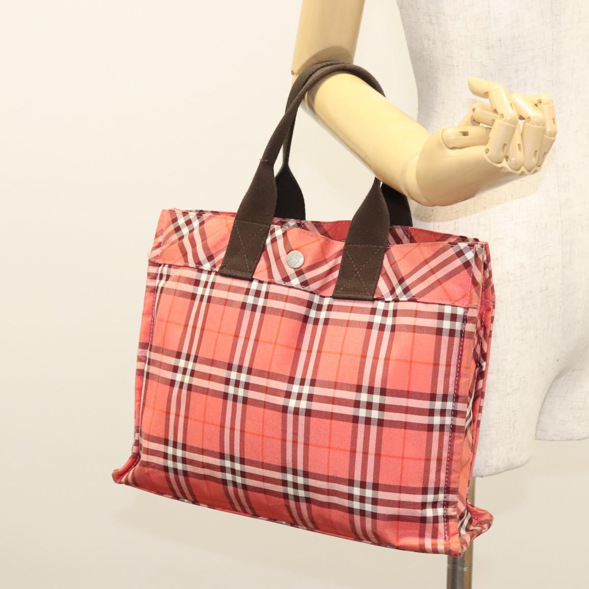 BURBERRY Nova Check Blue Label Hand Bag Nylon Pink Silver Auth hs1706