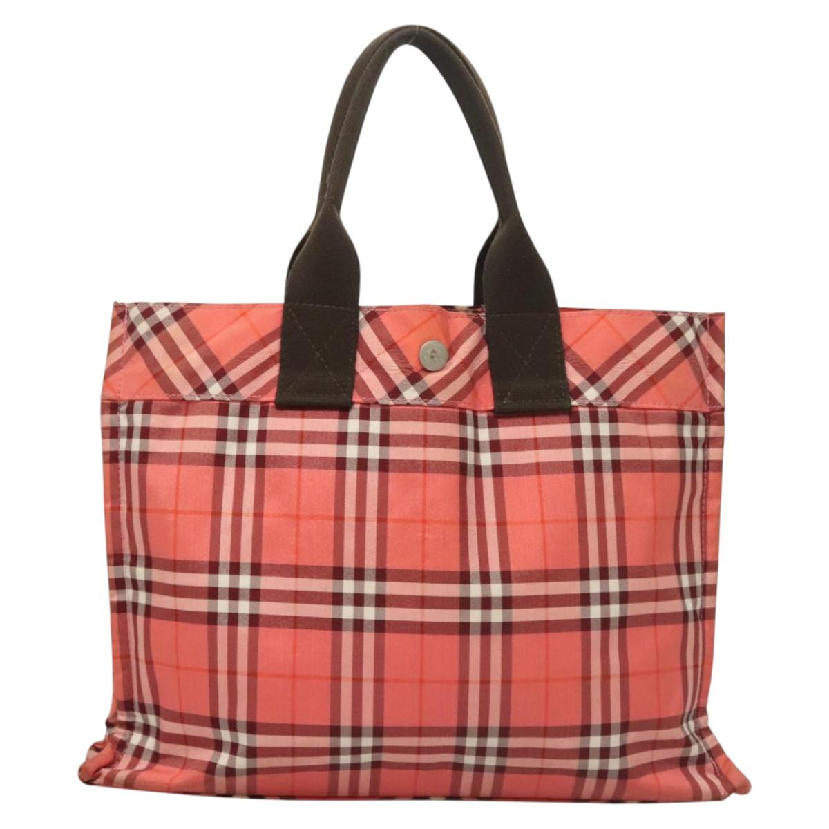 BURBERRY Nova Check Blue Label Hand Bag Nylon Pink Silver Auth hs1706