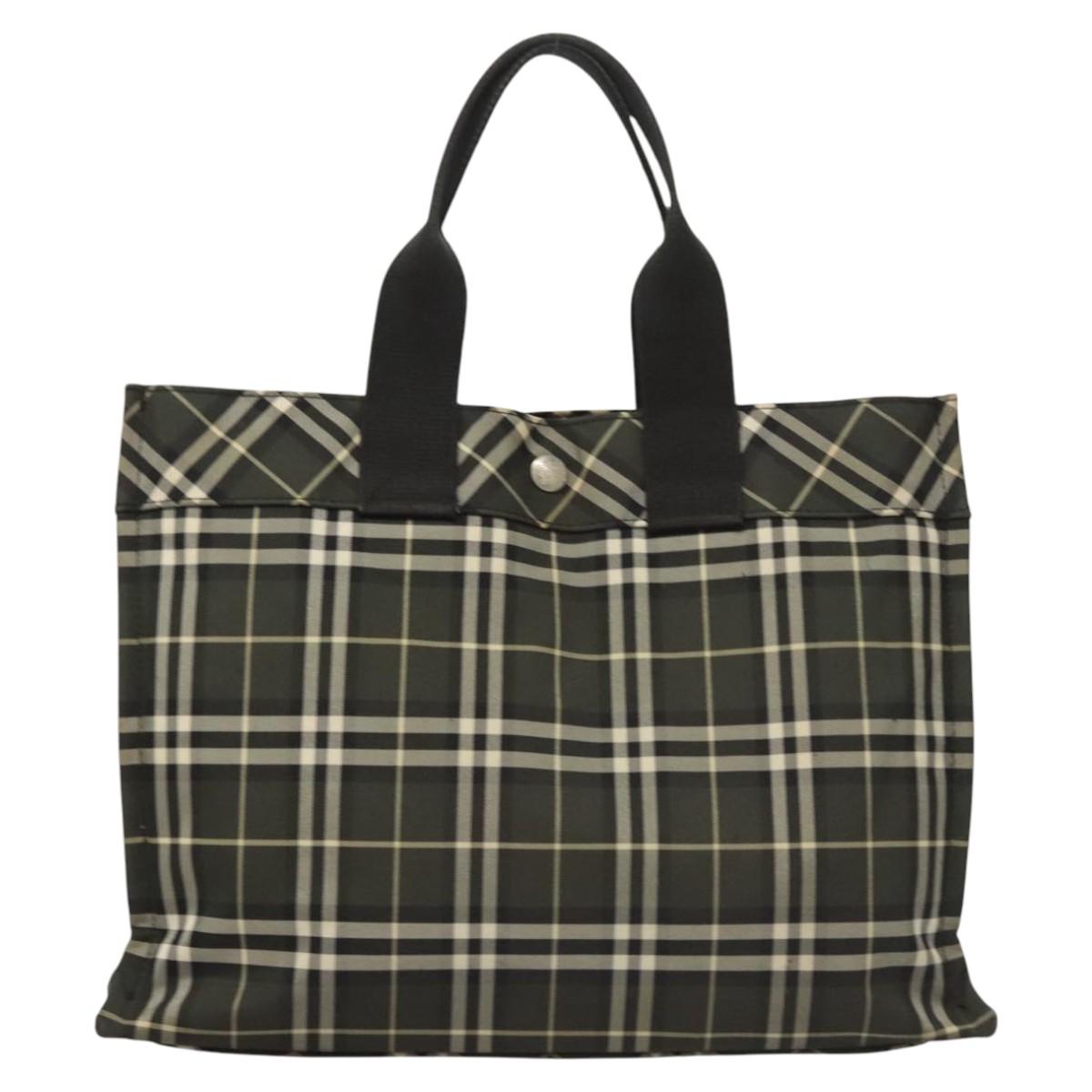 Burberrys Nova Check Blue Label Hand Bag Nylon Khaki Silver Auth hs1707