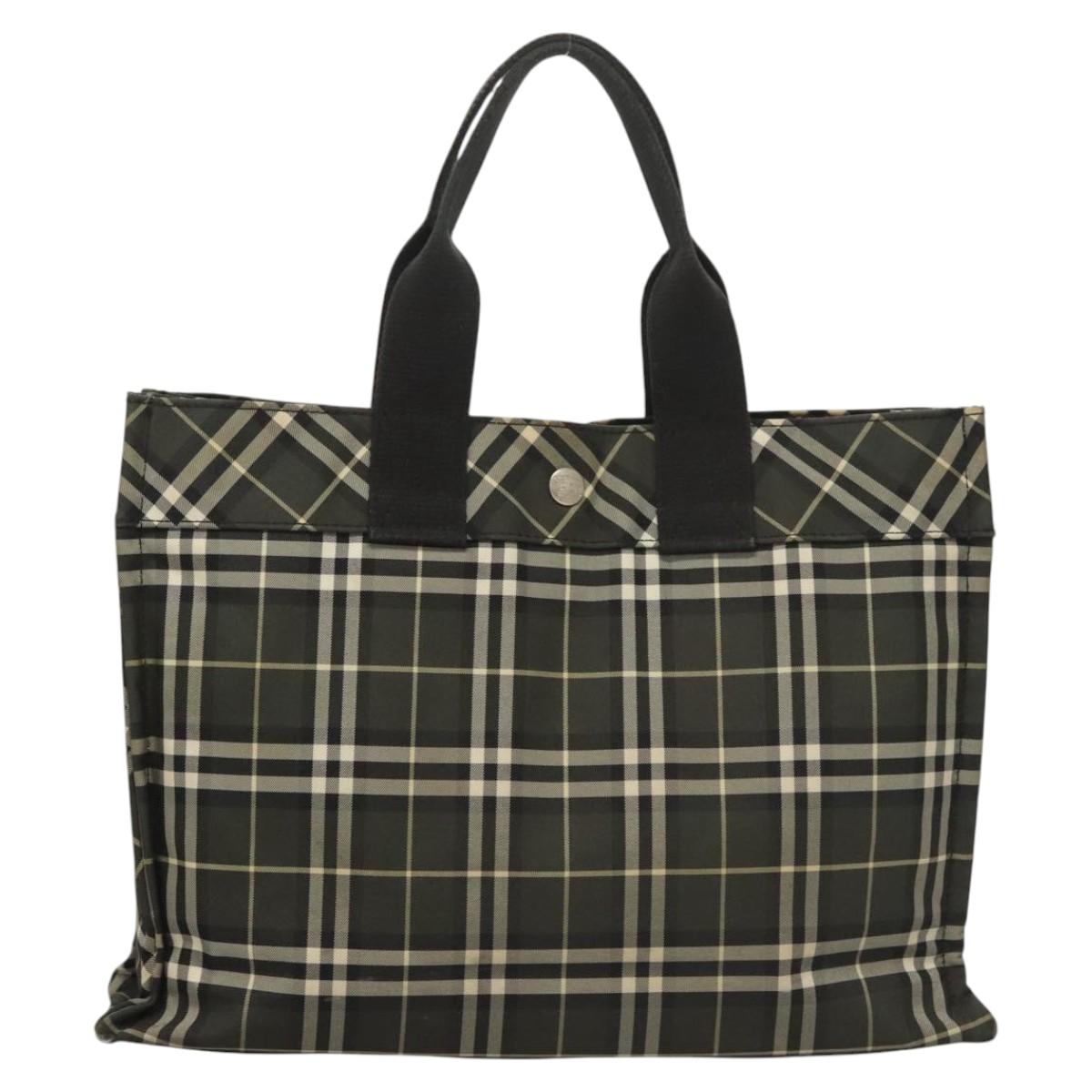 Burberrys Nova Check Blue Label Hand Bag Nylon Khaki Silver Auth hs1707