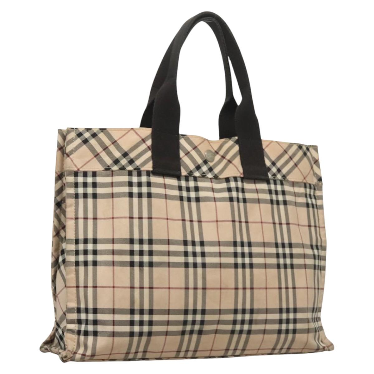 BURBERRY Nova Check Blue Label Hand Bag Nylon Beige Silver Auth hs1708