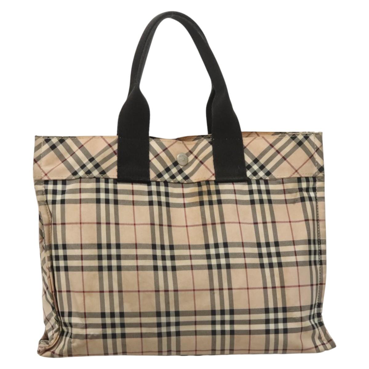 BURBERRY Nova Check Blue Label Hand Bag Nylon Beige Silver Auth hs1708