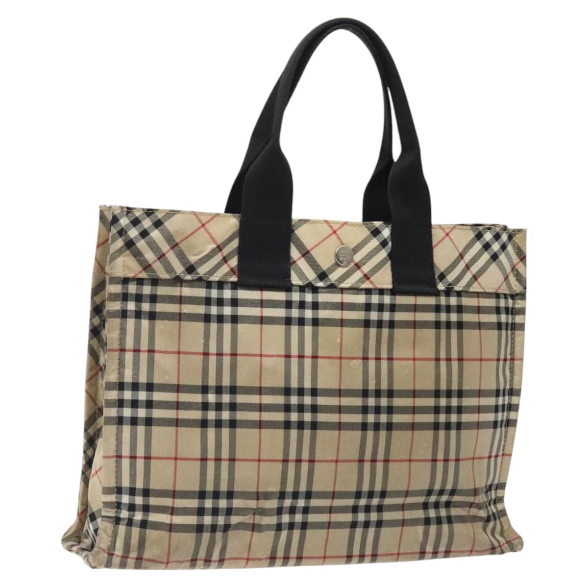 BURBERRY Nova Check Blue Label Hand Bag Nylon Beige Silver Auth hs1711