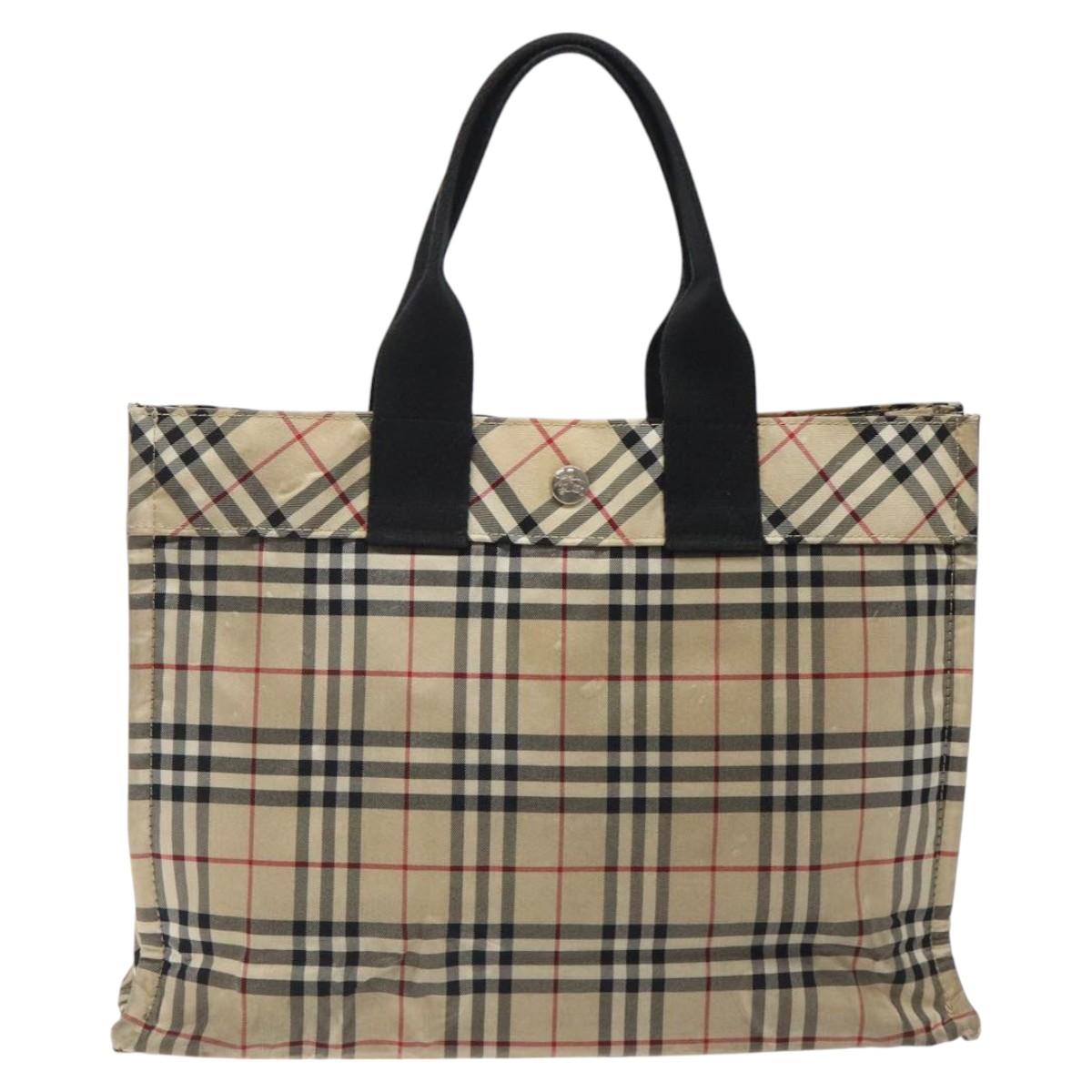 BURBERRY Nova Check Blue Label Hand Bag Nylon Beige Silver Auth hs1711