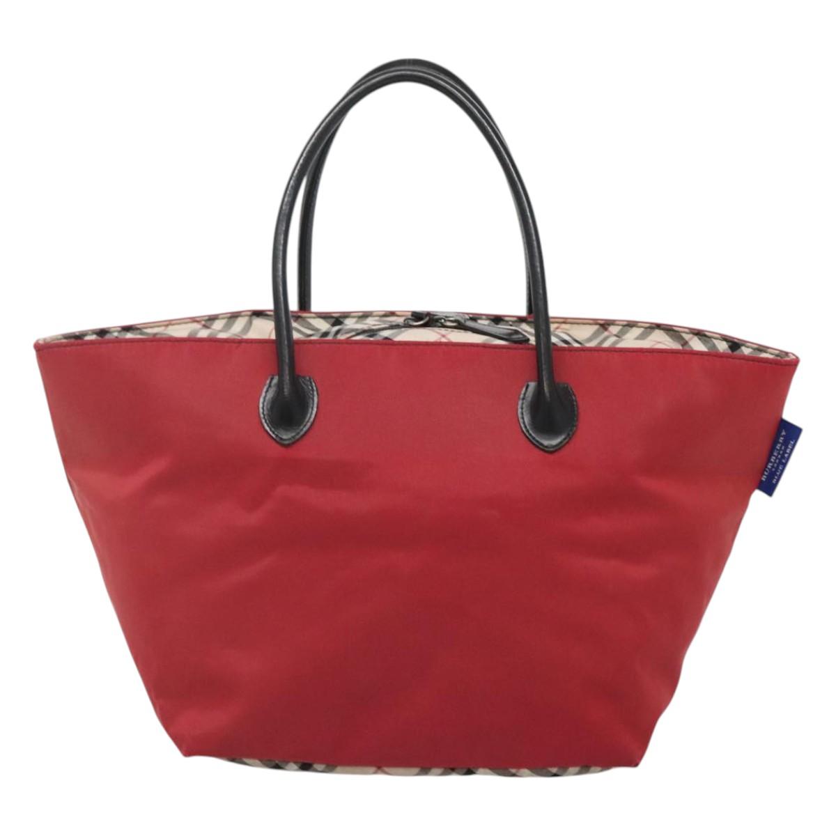 BURBERRY Nova Check Blue Label Hand Bag Nylon Red Silver Auth hs1713
