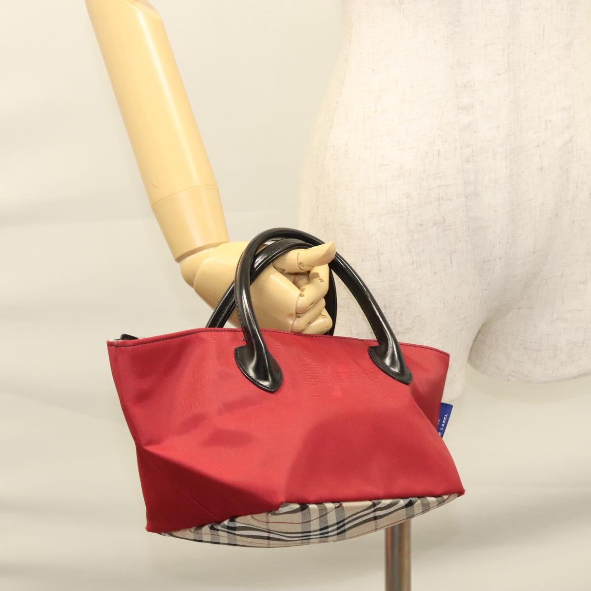 BURBERRY Nova Check Blue Label Hand Bag Nylon Beige Silver Auth hs1716