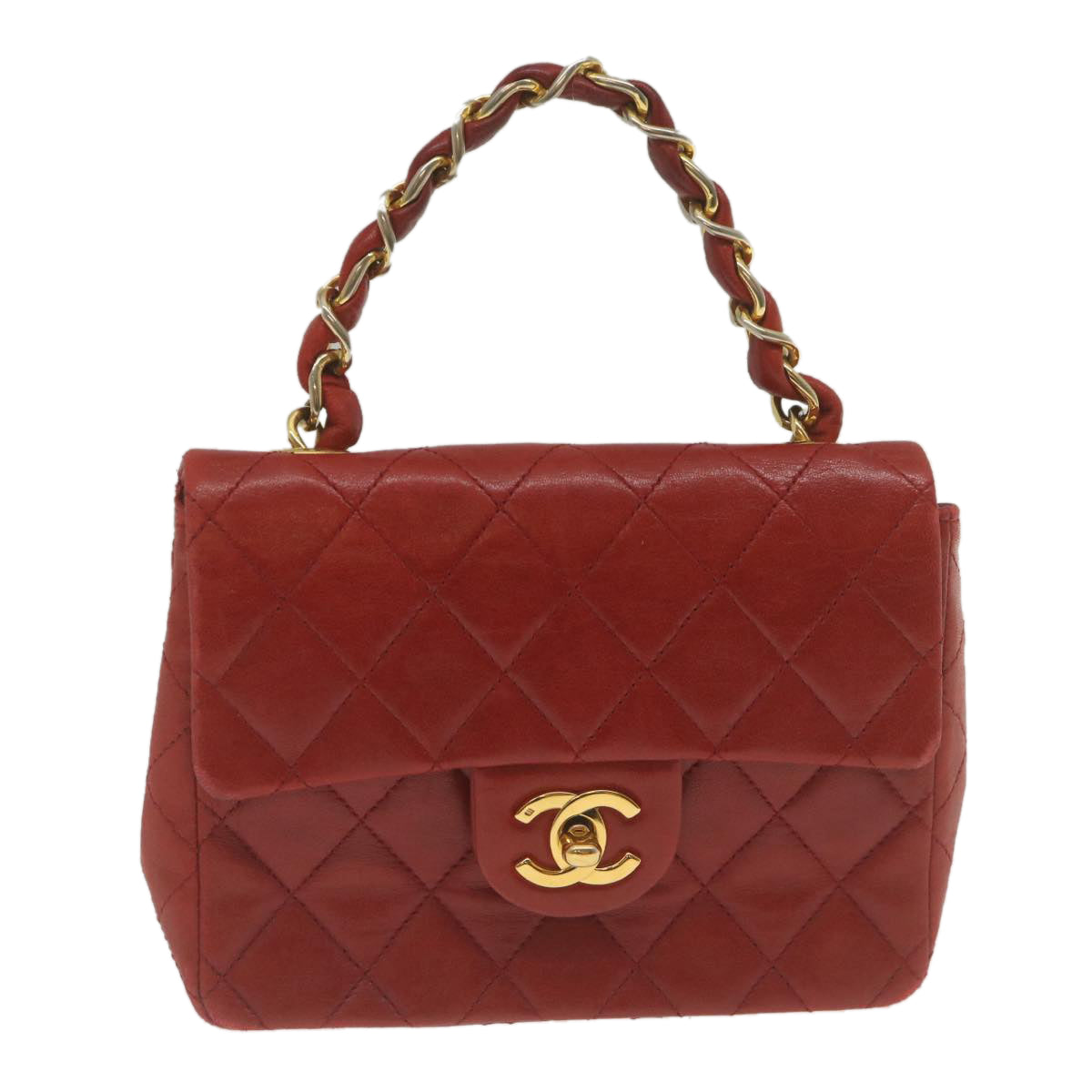 CHANEL Mini Matelasse Chain Flap Hand Bag Lamb Skin Red Gold CC Auth hs688M