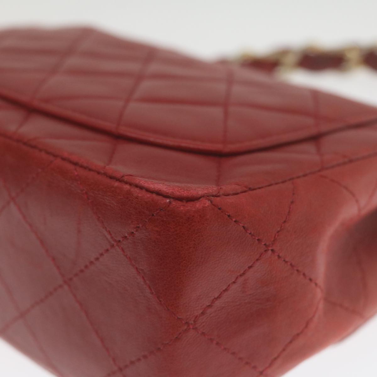 CHANEL Mini Matelasse Chain Flap Hand Bag Lamb Skin Red Gold CC Auth hs688M
