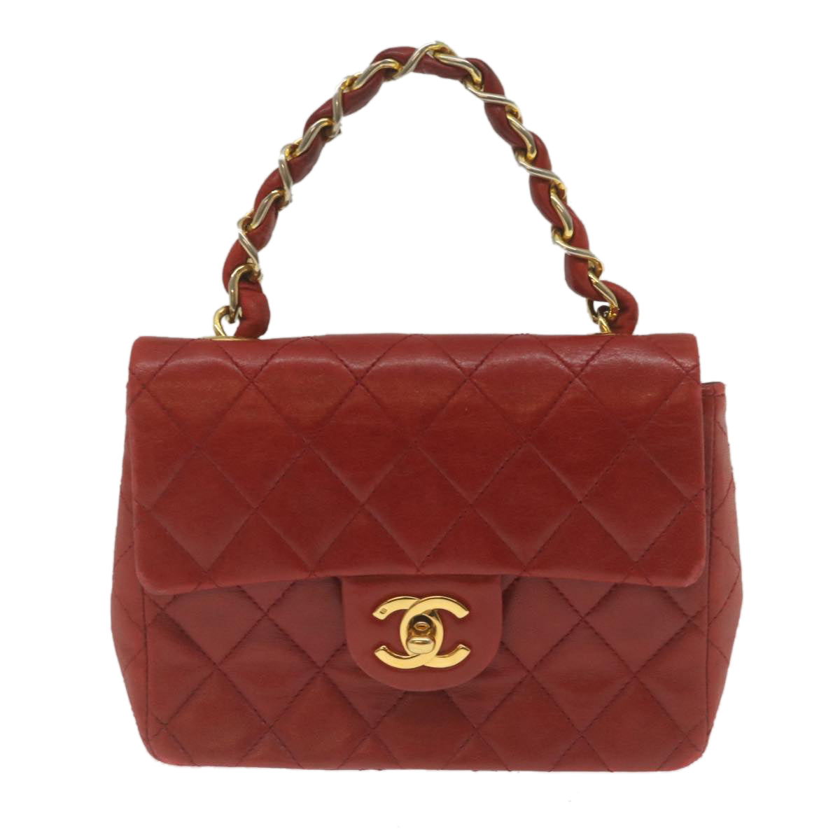 CHANEL Mini Matelasse Chain Flap Hand Bag Lamb Skin Red Gold CC Auth hs688M