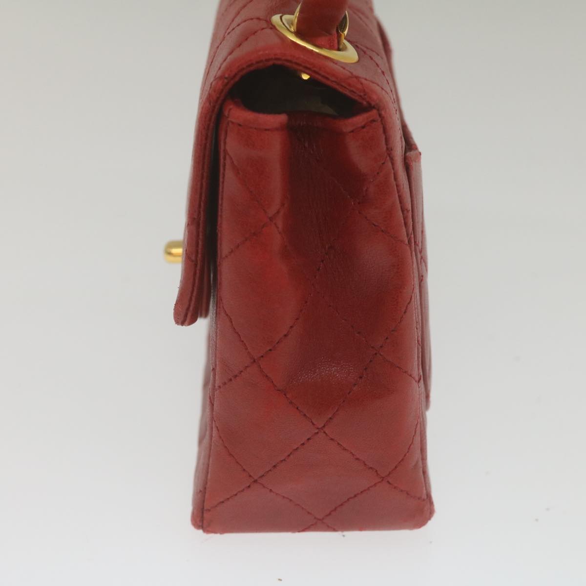 CHANEL Mini Matelasse Chain Flap Hand Bag Lamb Skin Red Gold CC Auth hs688M