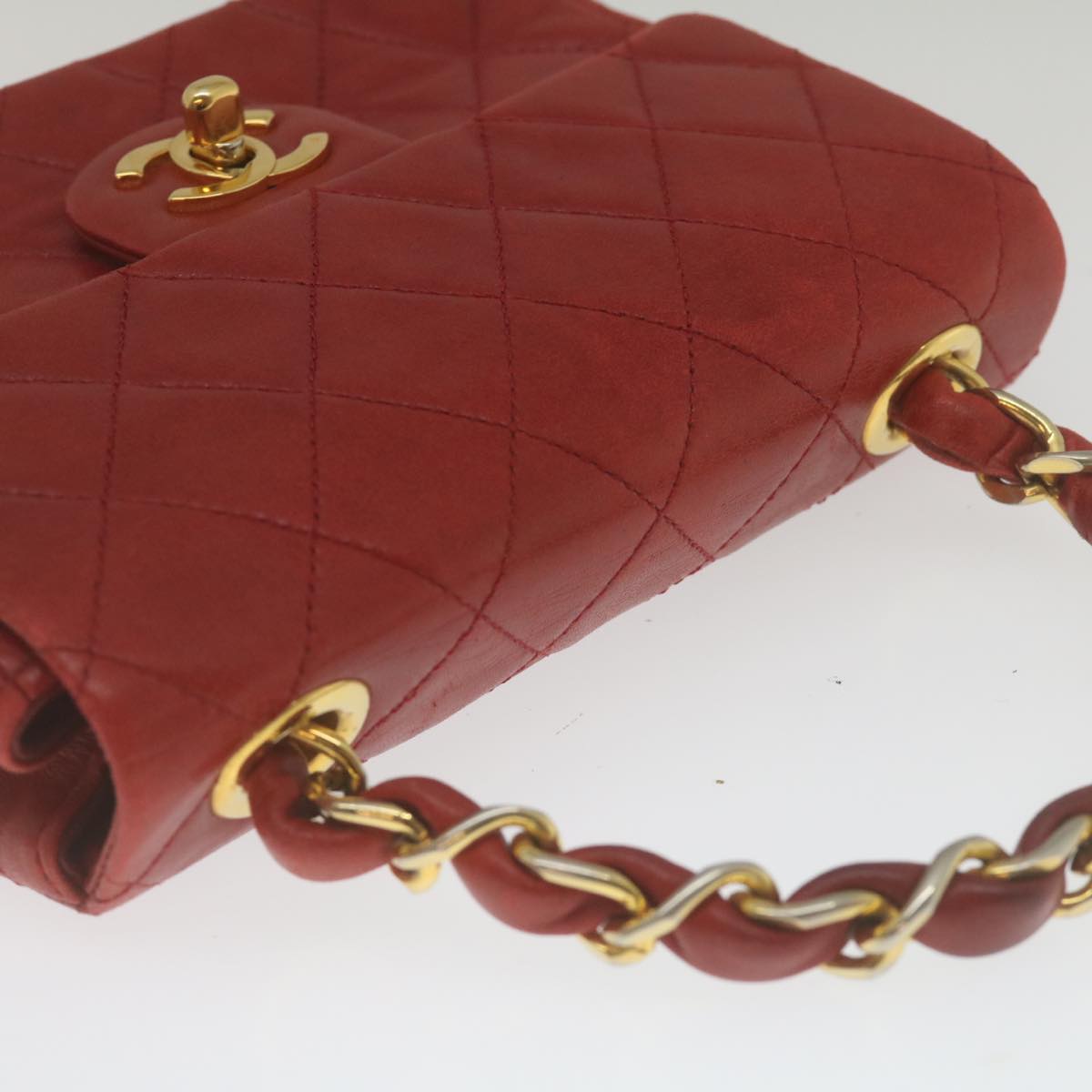 CHANEL Mini Matelasse Chain Flap Hand Bag Lamb Skin Red Gold CC Auth hs688M