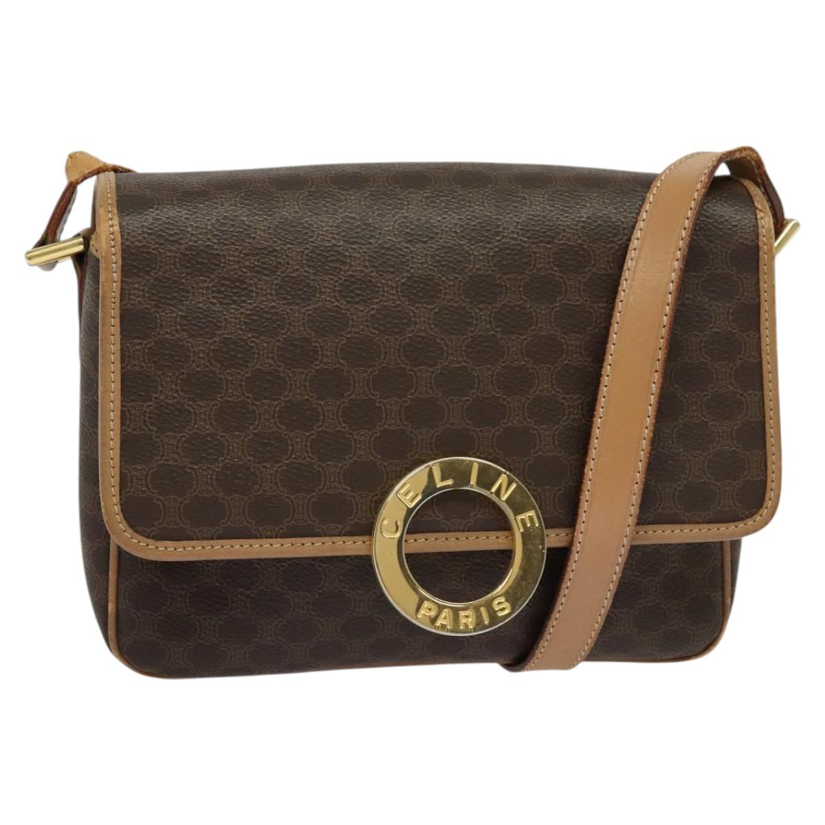 CELINE Macadam Canvas Circle Shoulder Bag PVC Leather Brown Gold Auth IN010