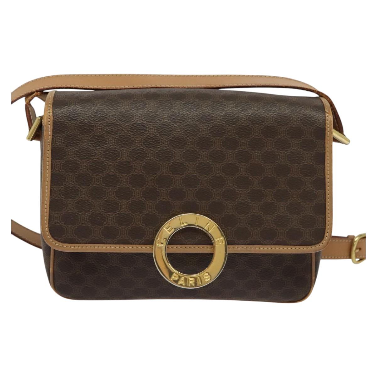 CELINE Macadam Canvas Circle Shoulder Bag PVC Leather Brown Gold Auth IN010