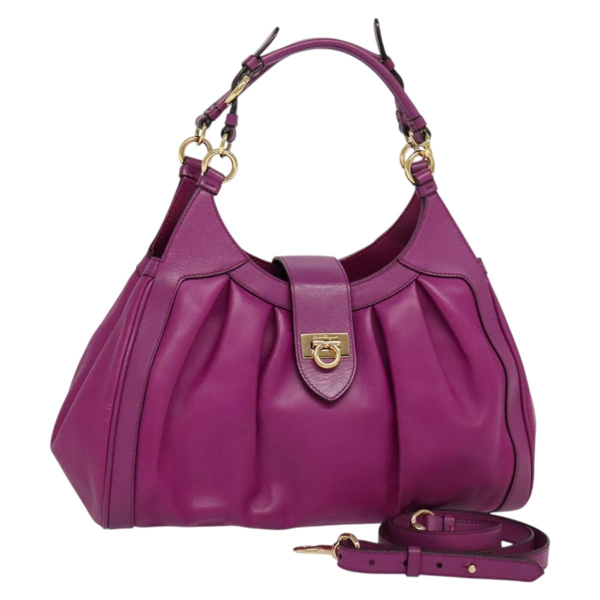 Salvatore Ferragamo Gancini Hand Bag Leather 2way Purple Gold Auth IN020