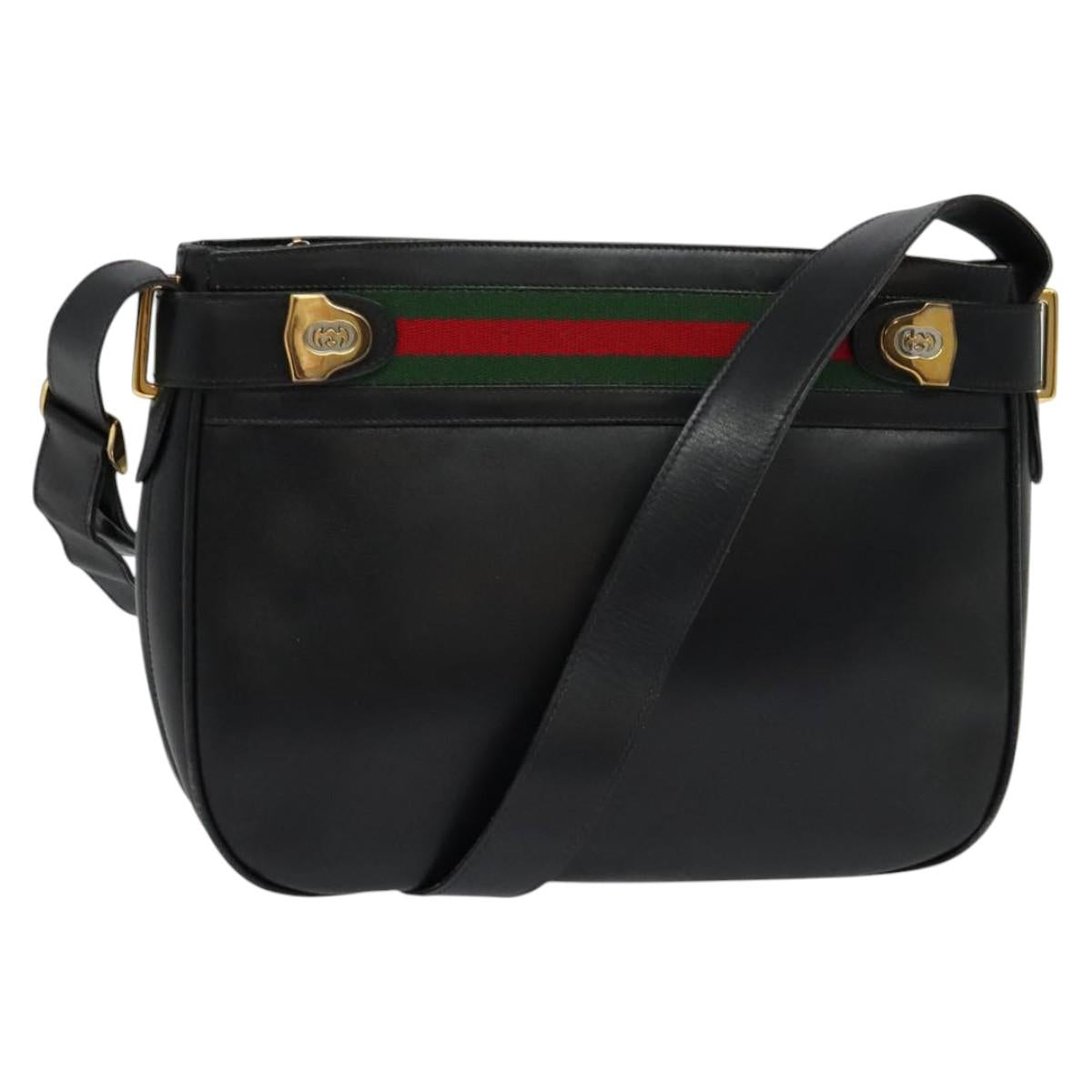 GUCCI Web Sherry Line Shoulder Bag Leather Black Gold Red Auth IN032