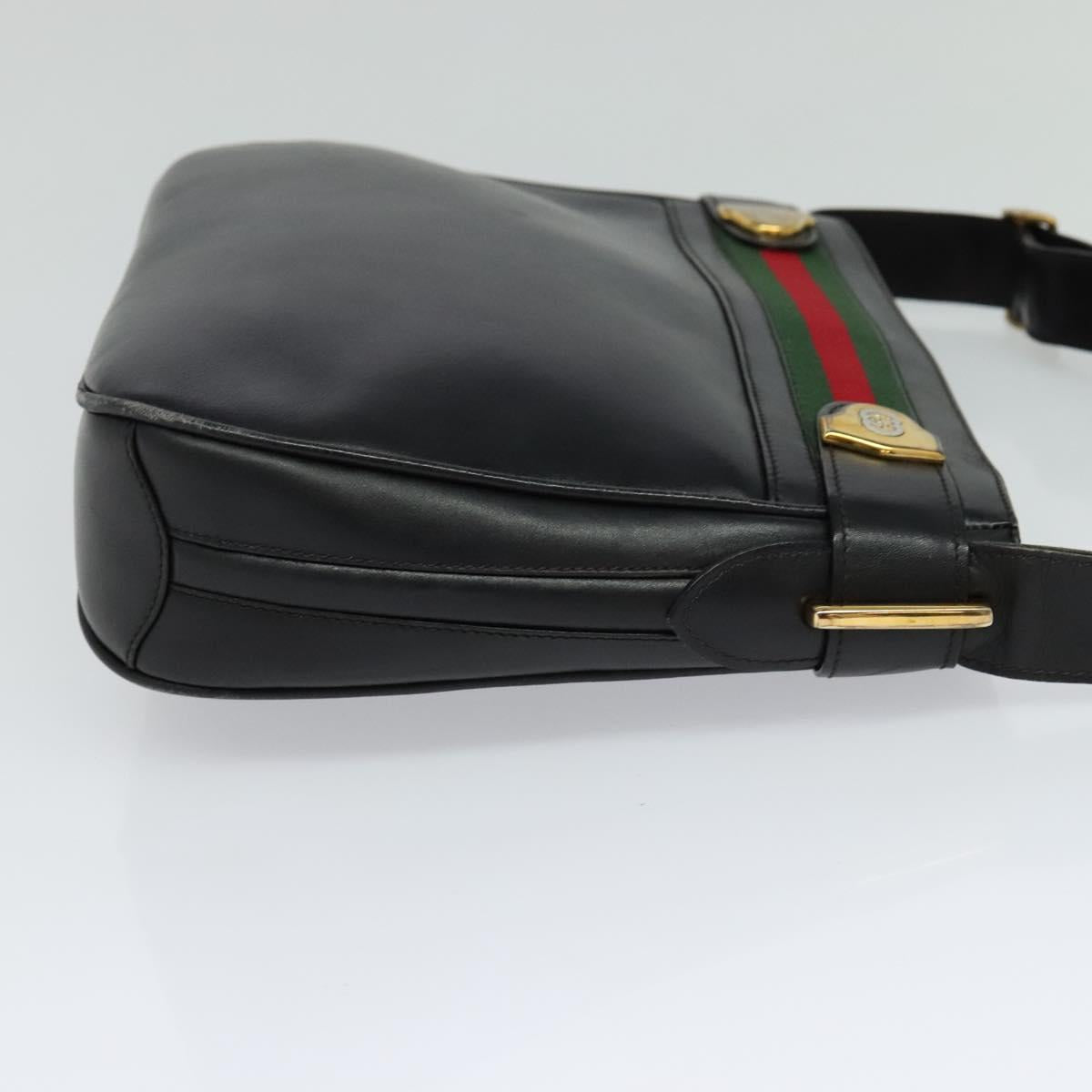 GUCCI Web Sherry Line Shoulder Bag Leather Black Gold Red Auth IN032