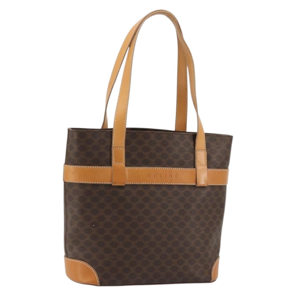 CELINE Macadam Canvas Tote Bag PVC Leather Brown Gold Auth INZ034A
