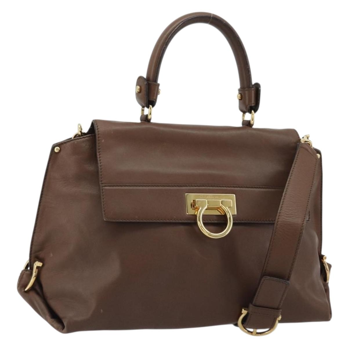 Salvatore Ferragamo Gancini Sofia Hand Bag Leather 2way Brown Gold Auth INZ040