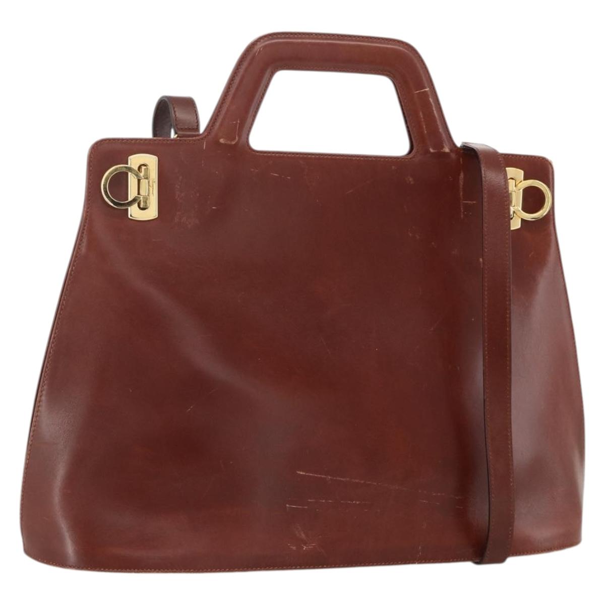 Salvatore Ferragamo Gancini Hand Bag Leather 2way Brown Gold Auth INZ049