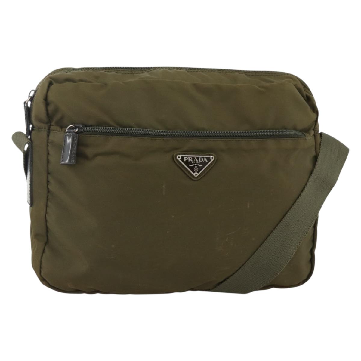PRADA Shoulder Bag Nylon Khaki Silver Auth INZ058