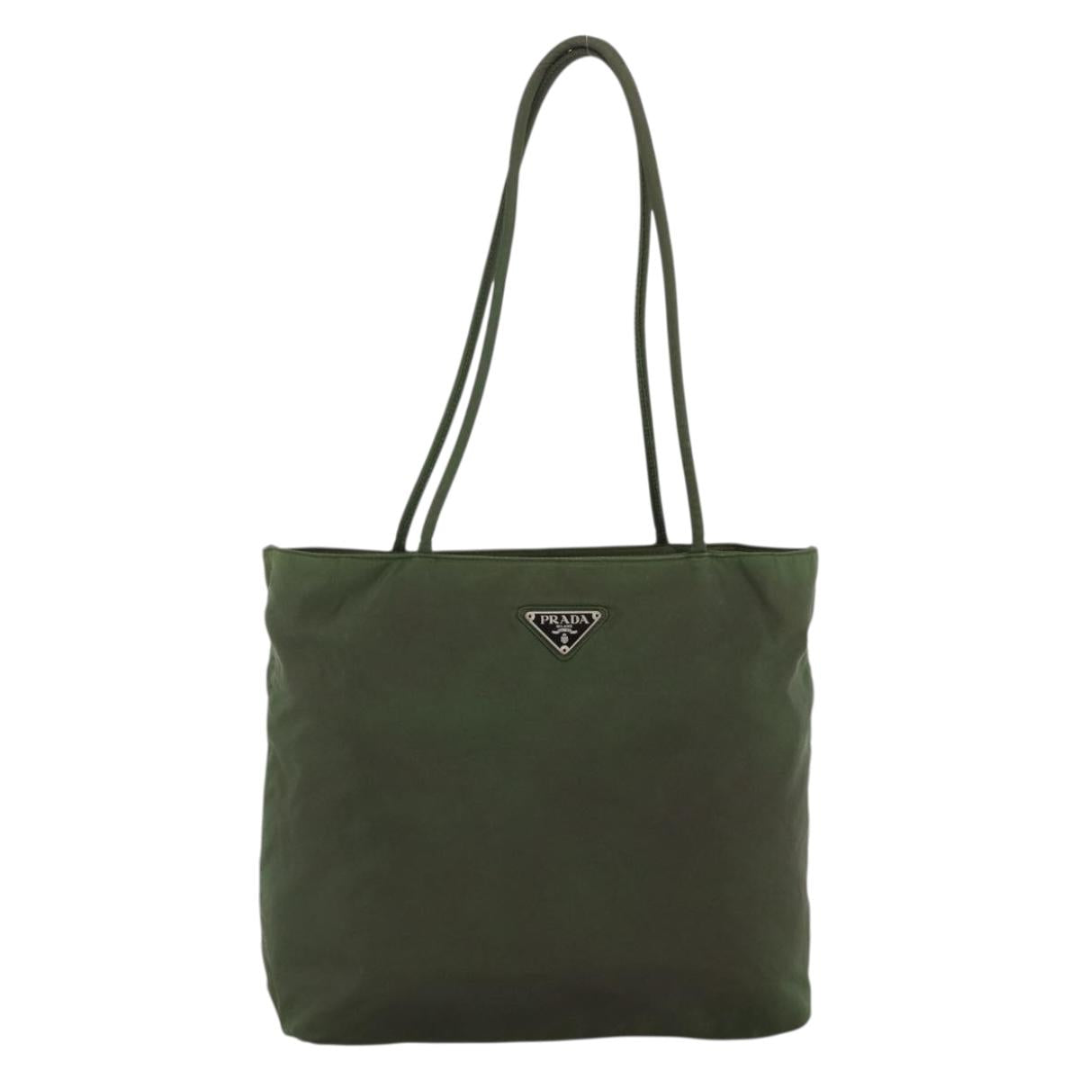 PRADA Tote Bag Nylon Khaki Silver Auth INZ059