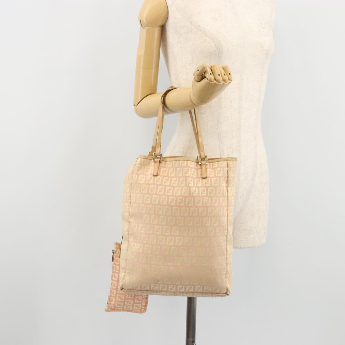 FENDI Zucchino Canvas Tote Bag Pink Gold Auth INZ062