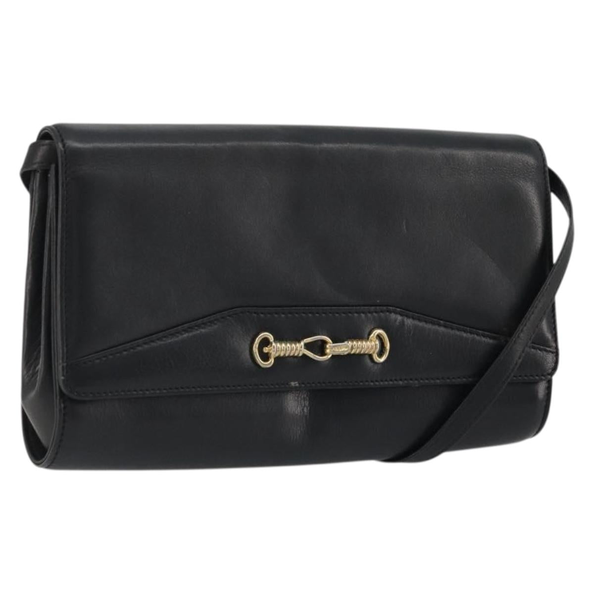 CELINE Horsebit Shoulder Bag Leather Black Gold Auth INZ069