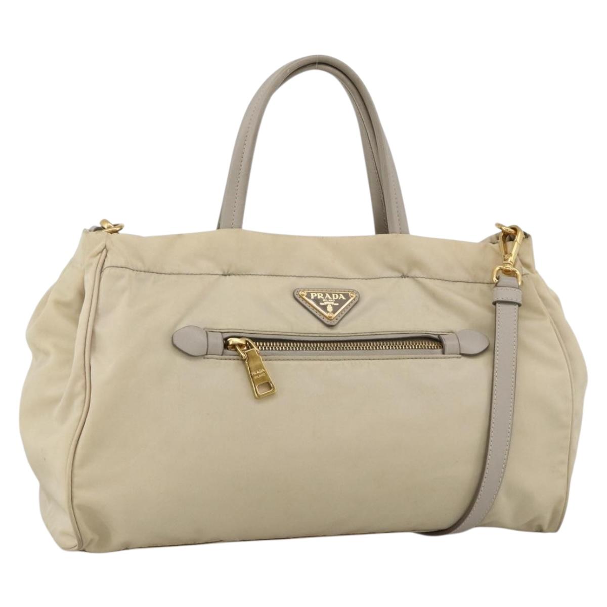 PRADA Hand Bag Nylon 2way Beige Gold Auth INZ076A