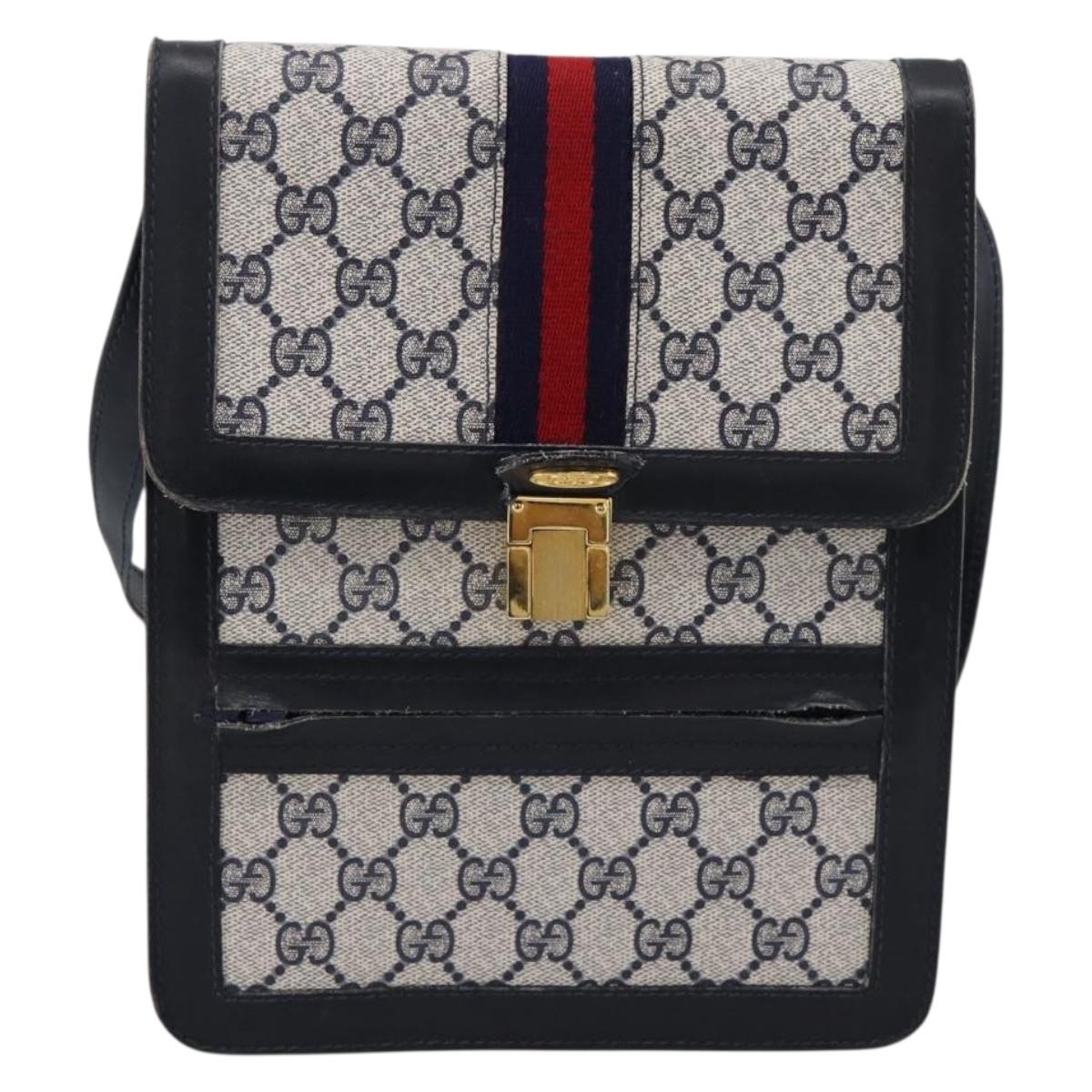 GUCCI GG Supreme Sherry Line Shoulder Bag PVC Navy Gold Auth INZ082