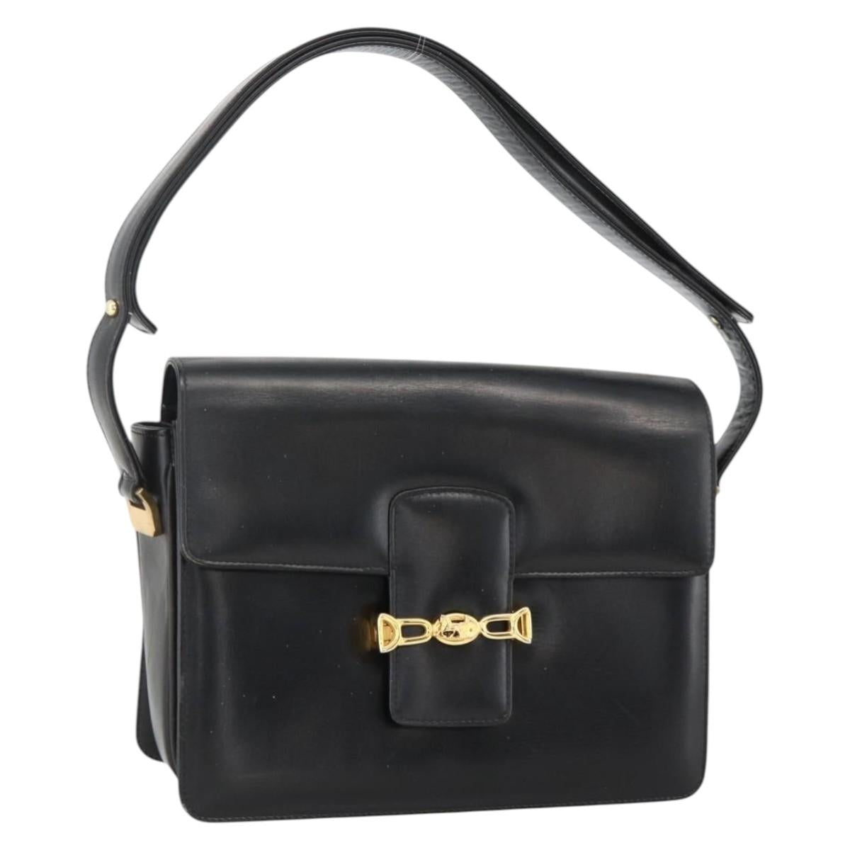 CELINE Horse Carriage Shoulder Bag Leather Black Gold Auth INZ094