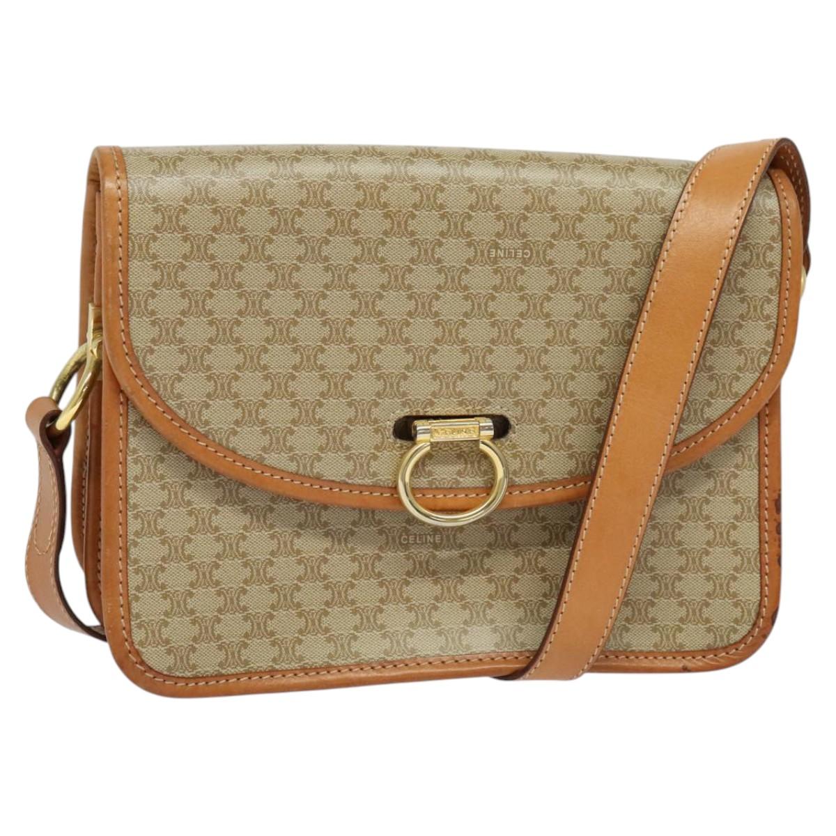 CELINE Macadam Canvas Shoulder Bag Beige Gold Auth JB008