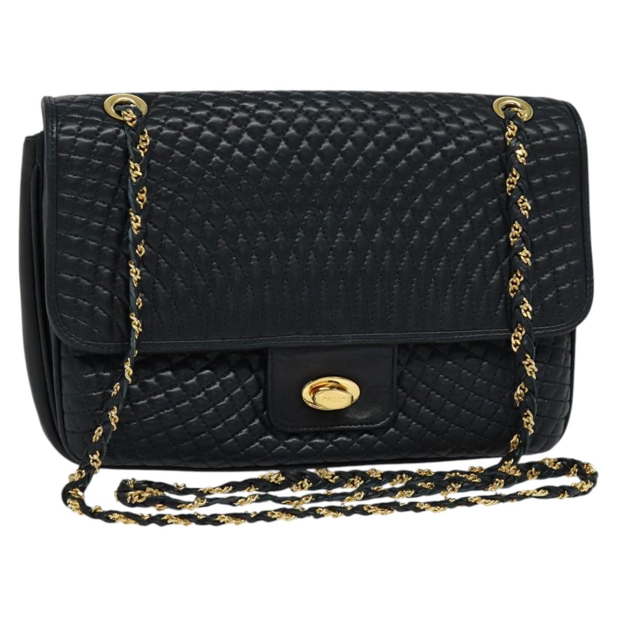 BALLY Quilted Chain Shoulder Bag Leather Black Gold Auth JB009