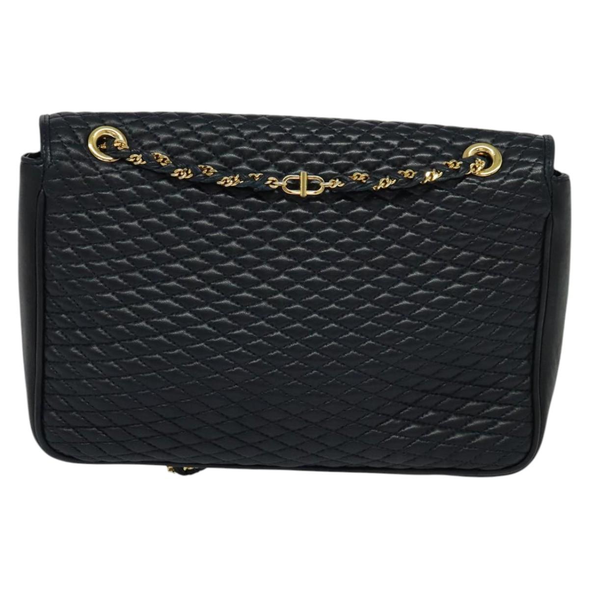BALLY Quilted Chain Shoulder Bag Leather Black Gold Auth JB009