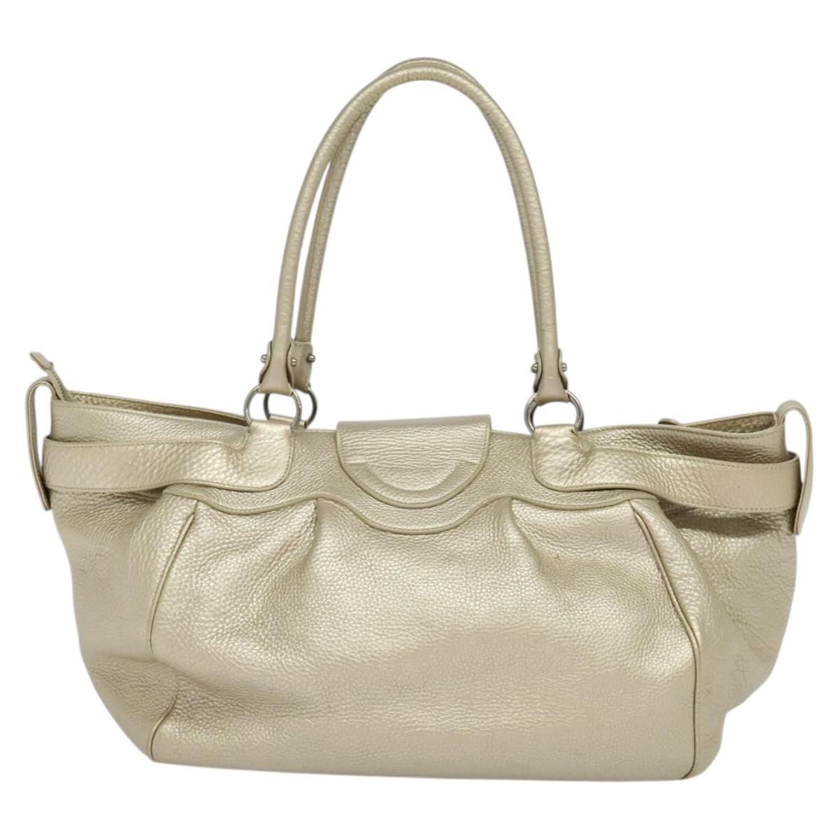 Salvatore Ferragamo Gancini Tote Bag Leather Silver Gold Auth JB034