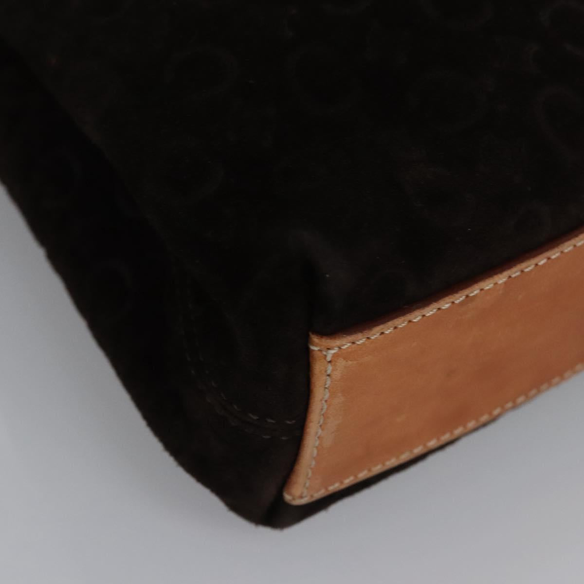 CELINE C Macadam Canvas Hand Bag Suede Dark Brown Gold Auth JB036