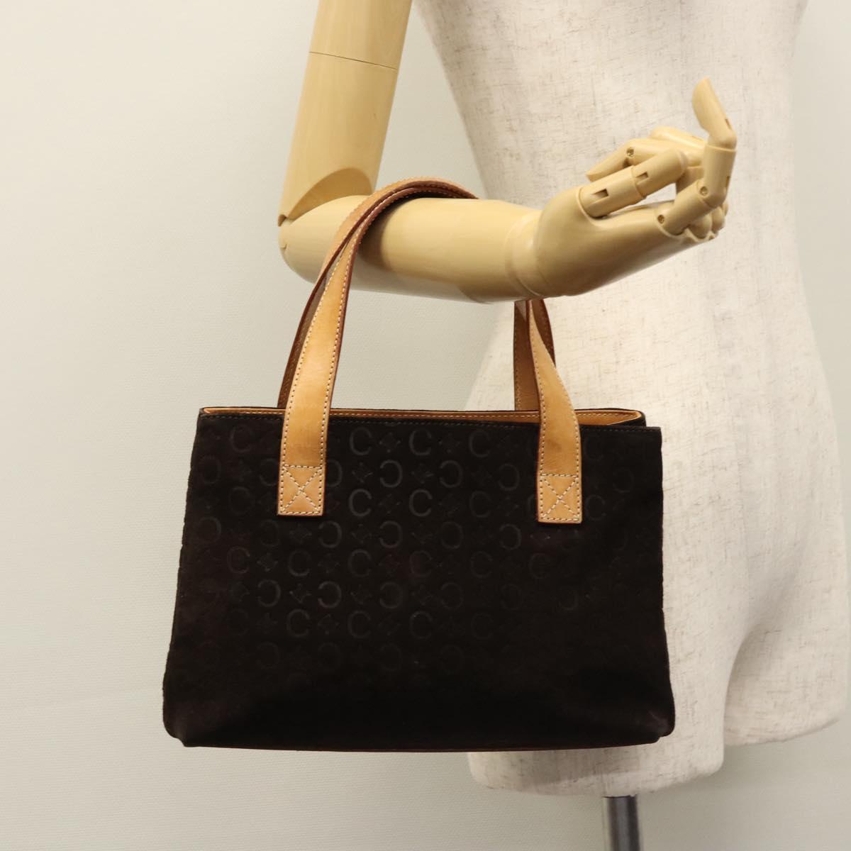 CELINE C Macadam Canvas Hand Bag Suede Dark Brown Gold Auth JB036