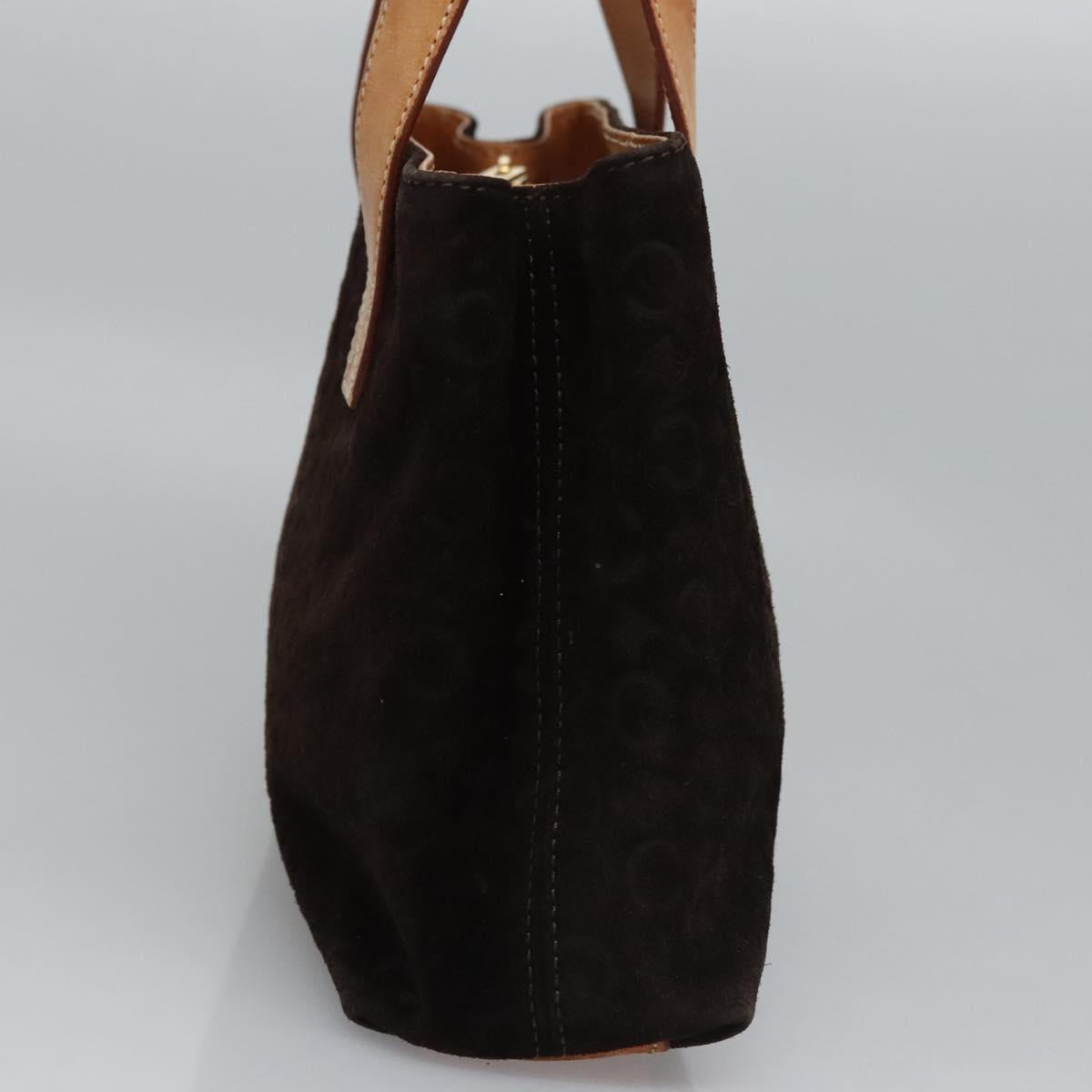 CELINE C Macadam Canvas Hand Bag Suede Dark Brown Gold Auth JB036