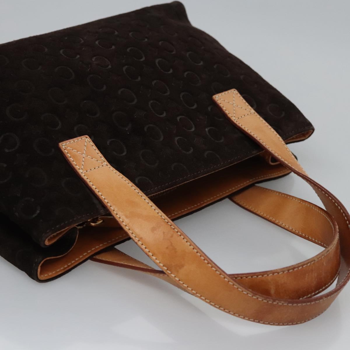 CELINE C Macadam Canvas Hand Bag Suede Dark Brown Gold Auth JB036
