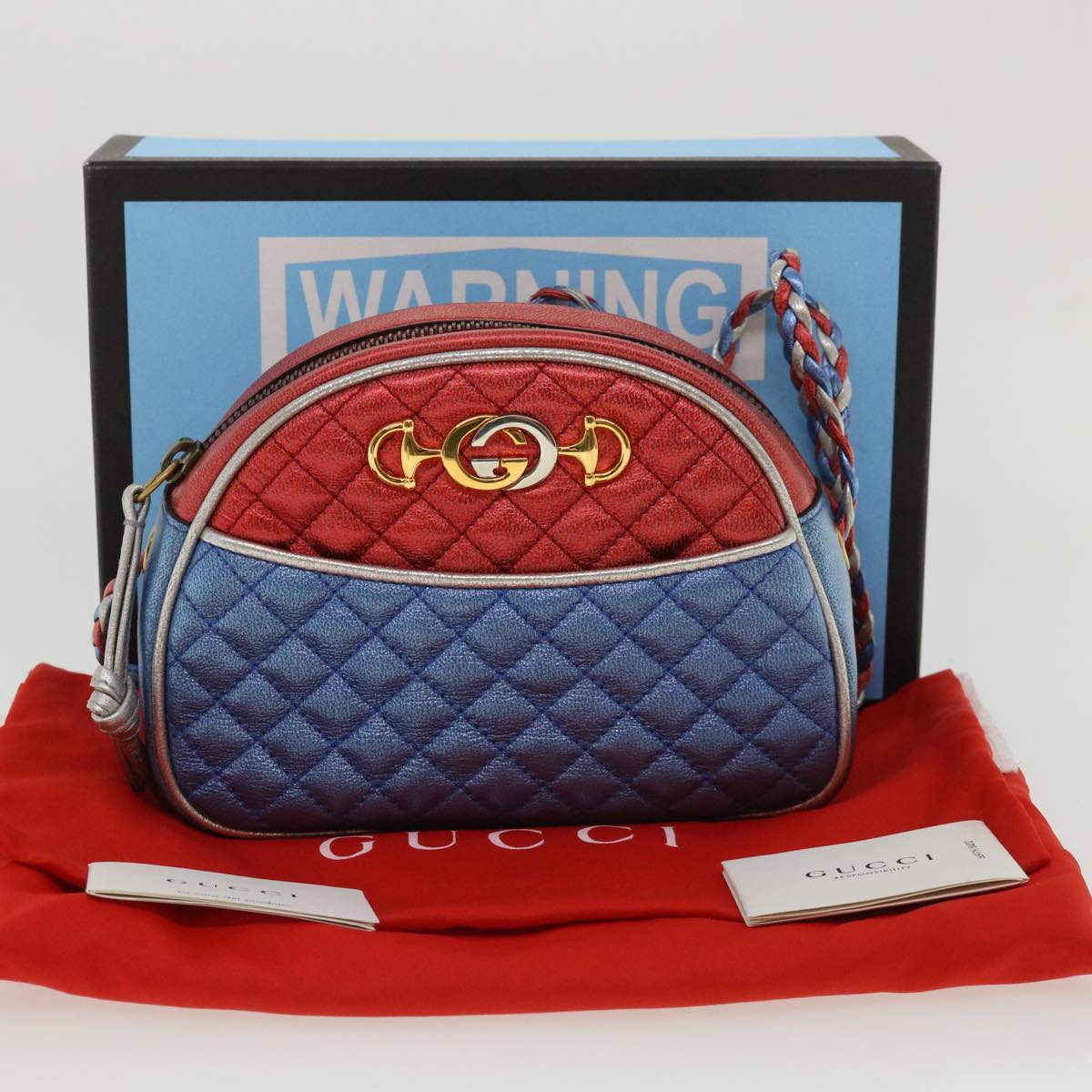 GUCCI Horsebit Pochette Shoulder Bag Lamb Skin Red Blue 534951 Auth 34948